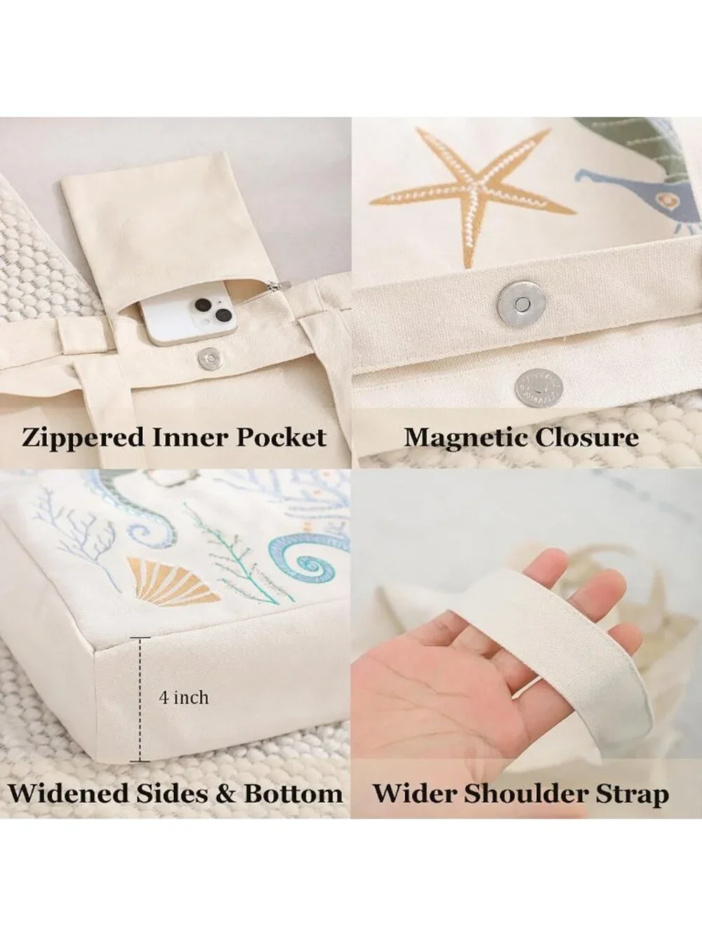 Ocean-Inspired Embroidered Tote Bag for Women | Summer Canvas Beach & Grocery